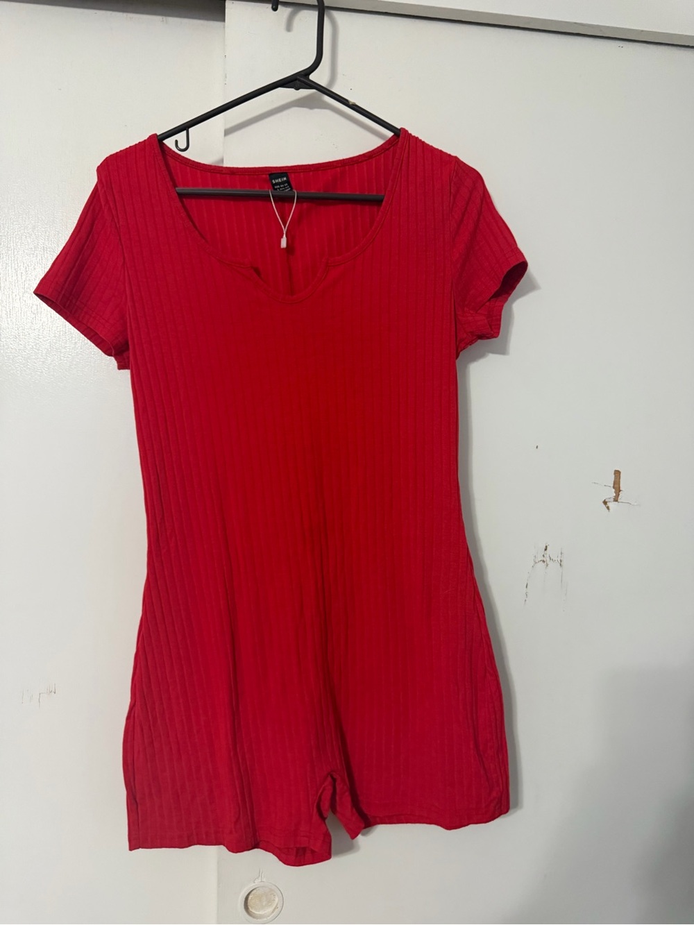 Red Ribbed Short-Sleeve Romper - Unbranded